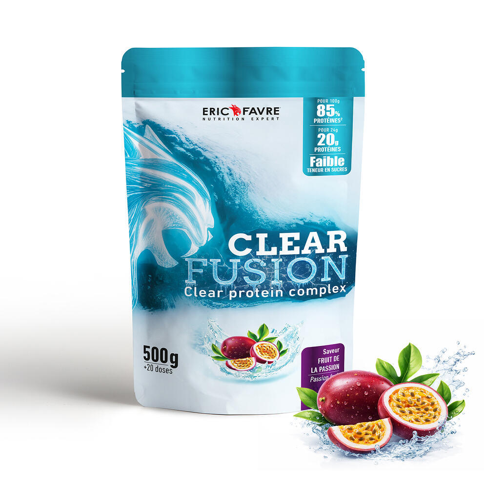 Boîte de Clear Fusion, une référence de nutrition sportive visible chez Eric Favre