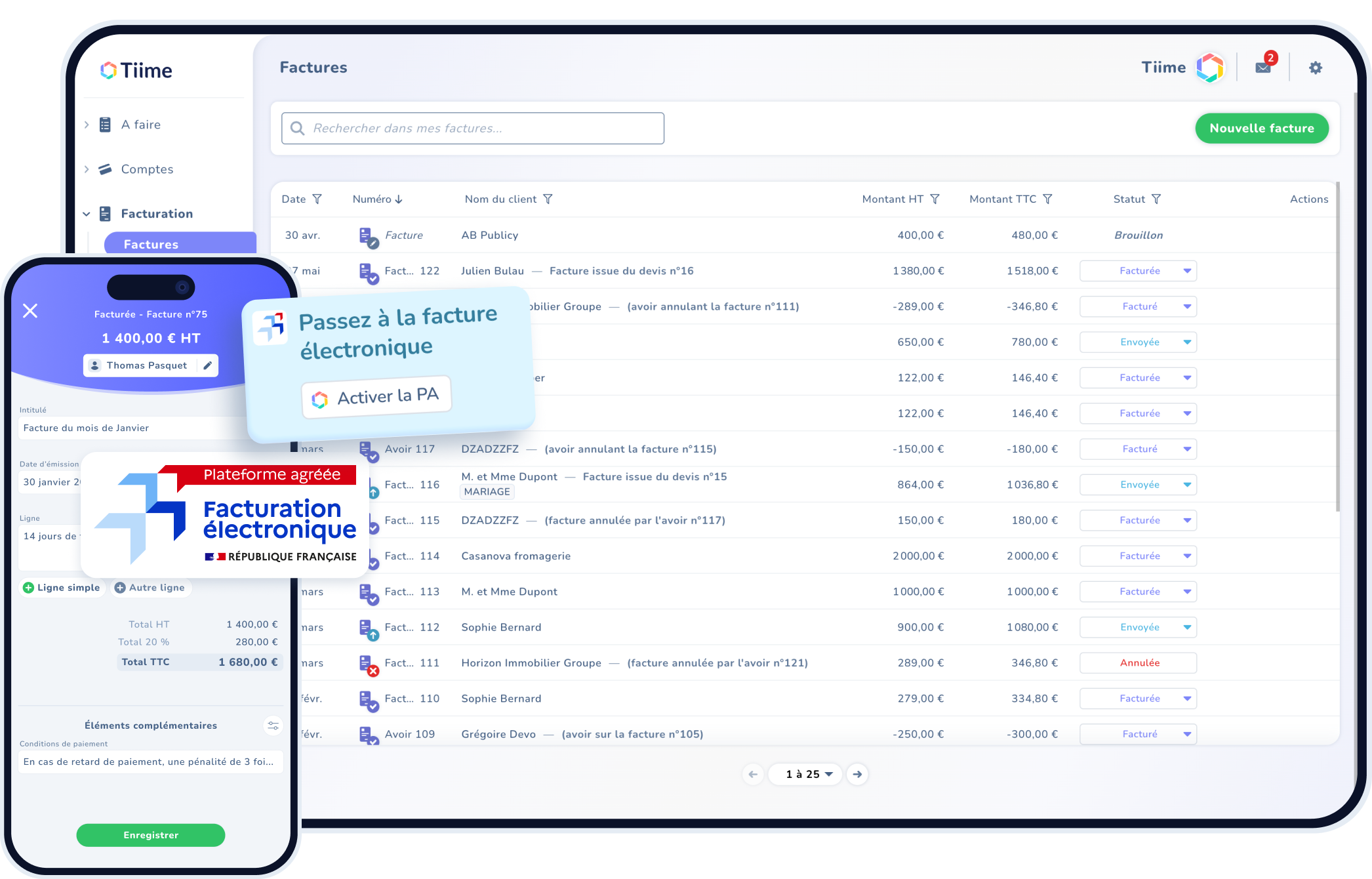 Interface Tiime présentant une facture électronique conforme