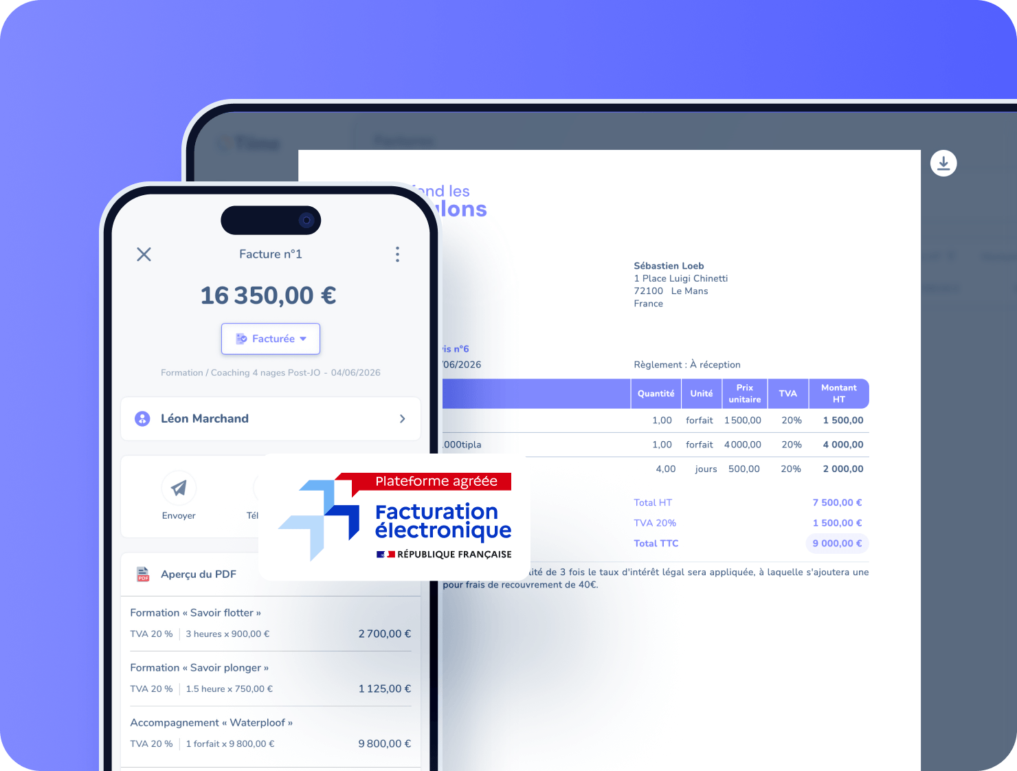 Interface Tiime présentant la création et le suivi de factures